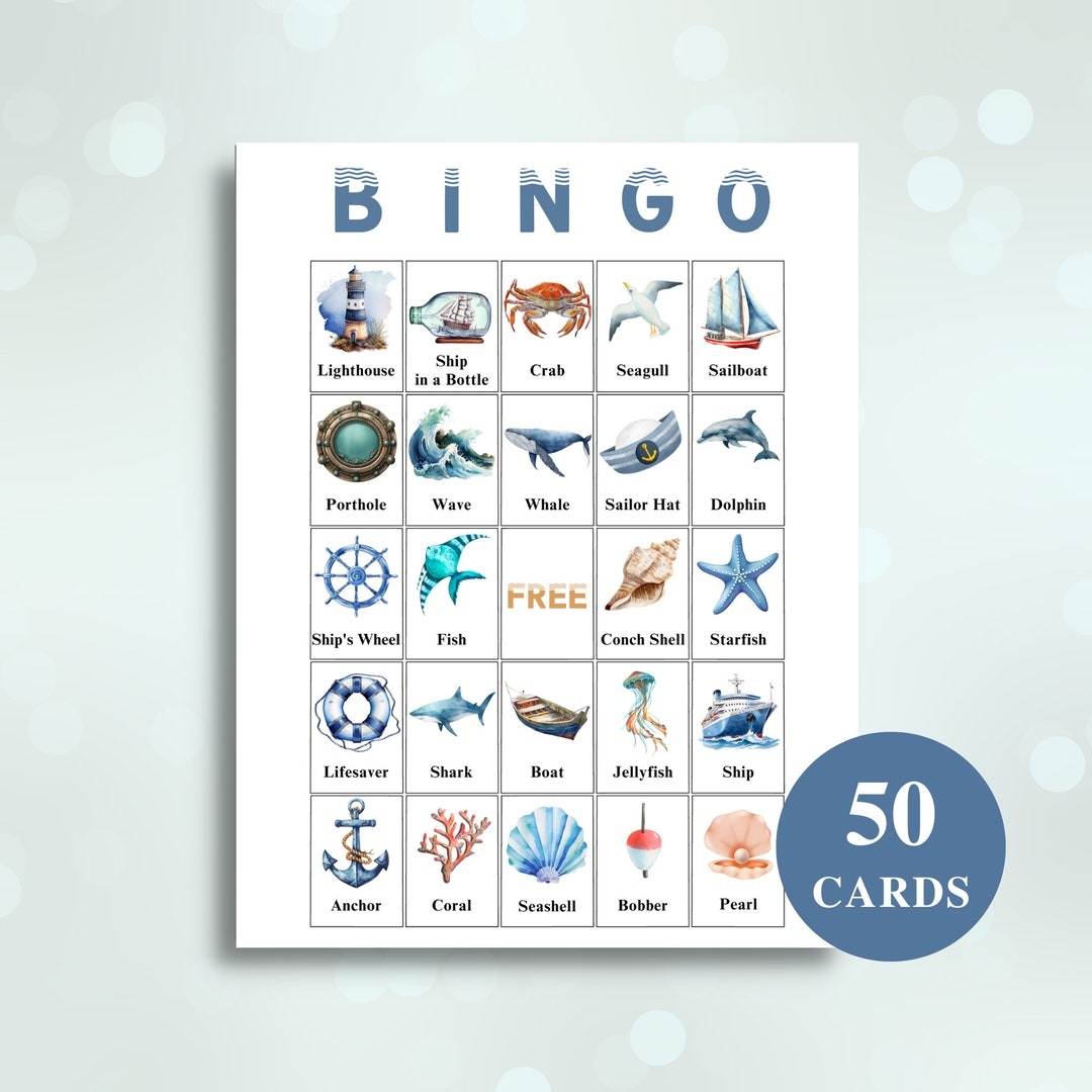50 Printable Nautical Bingo Cards Nautical Themed Picture Bingo Cards Nautical Baby Shower Games US Letter 8 5x11 DOWNLOAD Etsy