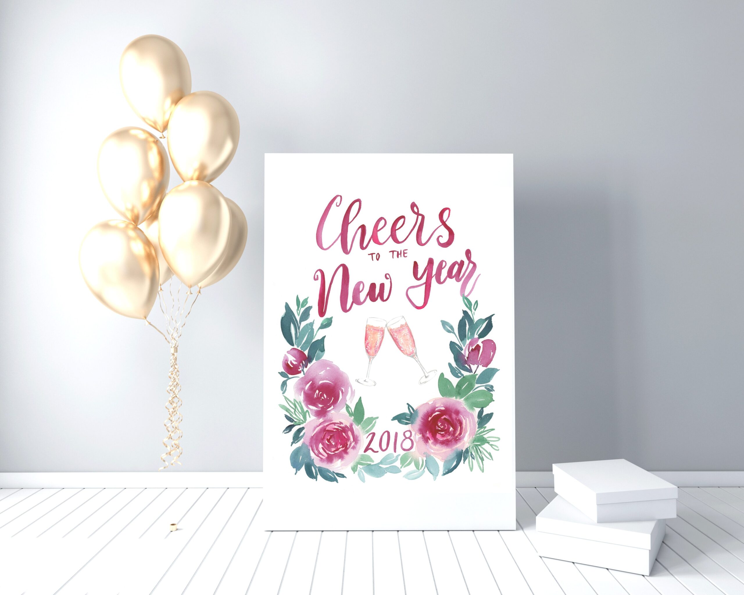 Cheers To The New Year 2018 Holiday Watercolor Printable TINSELBOX