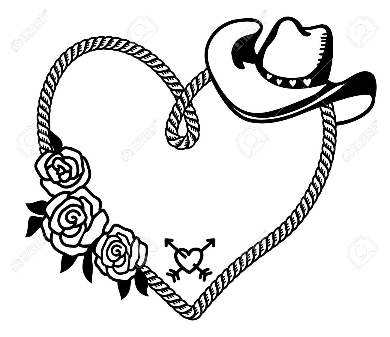 Cowboy Happy Valentine Day Country Farm With Cowboy Hat And Text Rope Heart Decoration Printable Vector Illustration Background Isolated On White For Card Or Print Royalty Free SVG Cliparts Vectors And Stock