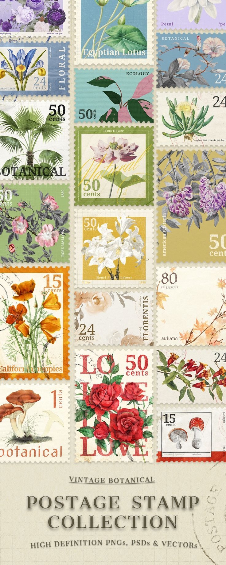 Cute Botanical Postage Stamp Collection