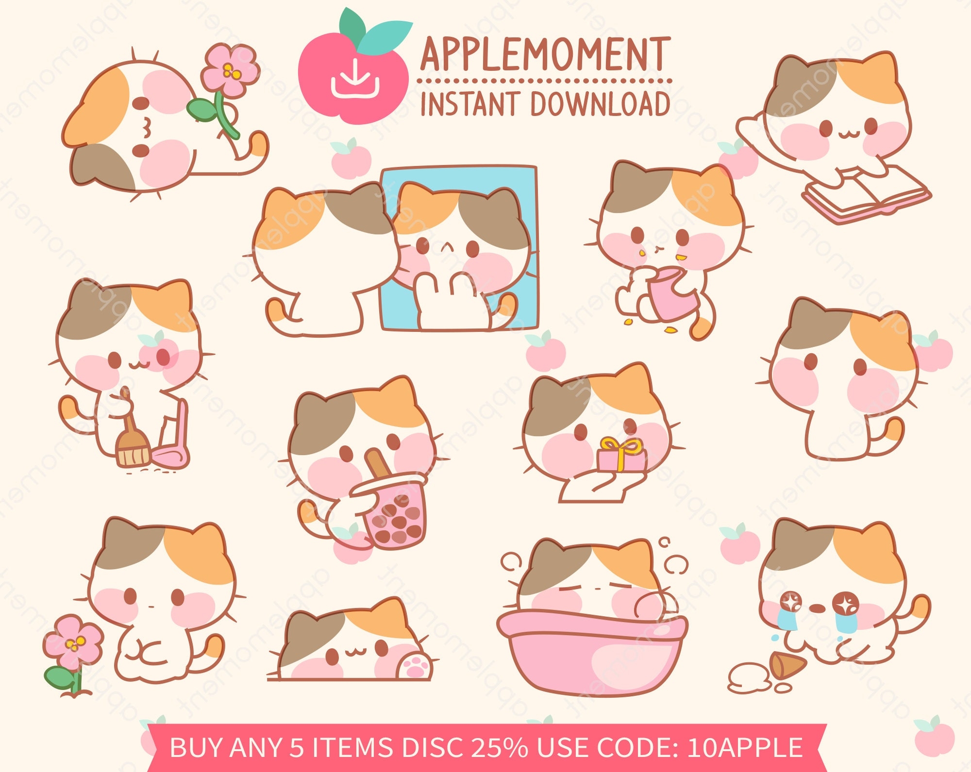 Cute Kawaii Printable Digital Stickers Clipart Daily Kitty Cat Life PNG Goodnotes Commercial Etsy