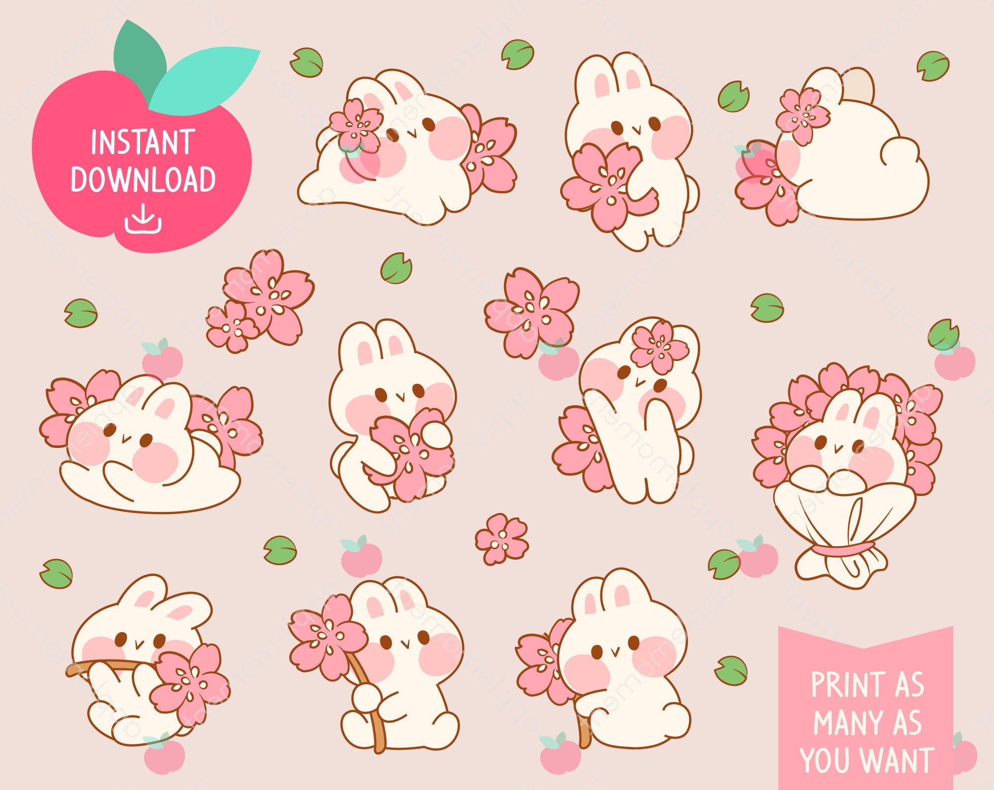 Cute Kawaii Printable Digital Stickers Clipart Rainbow Pink Sakura Bunny Rabbit Spring Printable Planner Stickers PNG Commercial Etsy