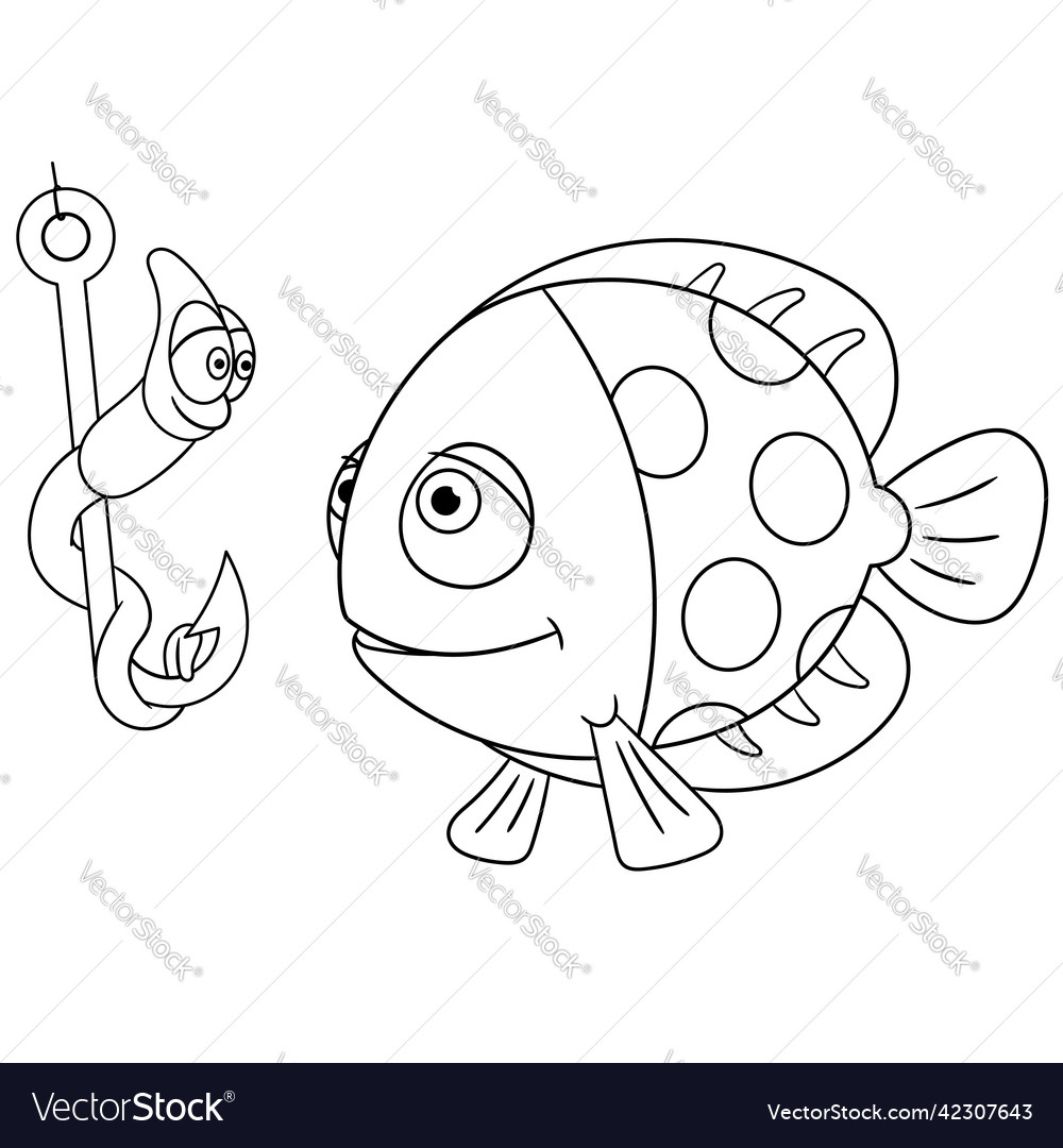 Fish And Worm Coloring Page For Kids Royalty Free Vector