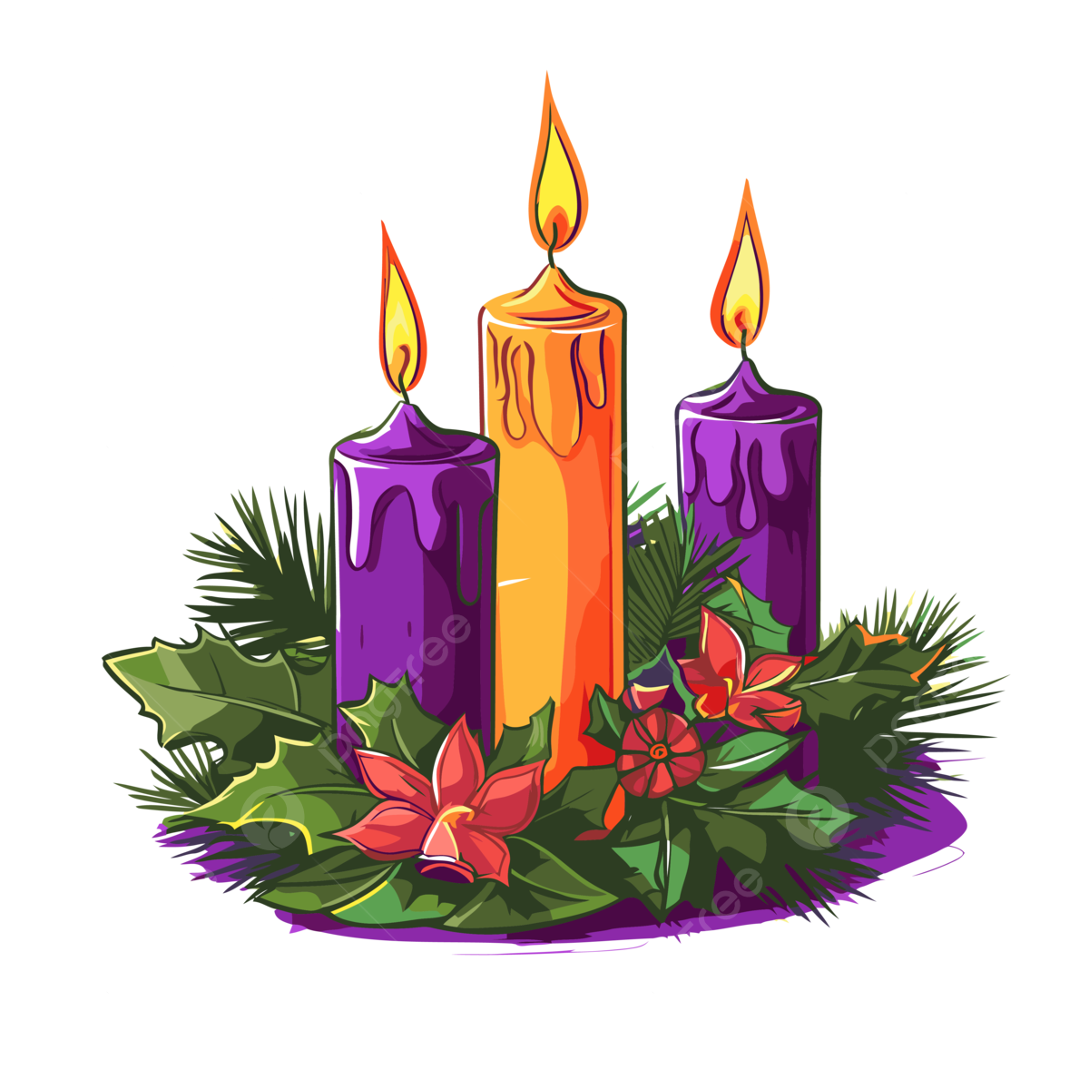 Fourth Sunday Of Advent Vector Sticker Clipart Three Purple Candles Are Surrounded By Pine Branches And Holly Cartoon Sticker Clipart PNG And Vector With Transparent Background For Free Download