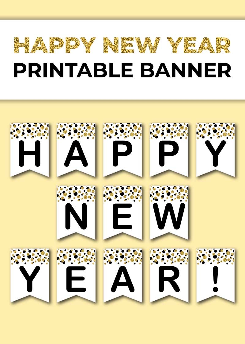 Free Printable Happy New Year Banner black And Golden Confetti Chevron Lemon