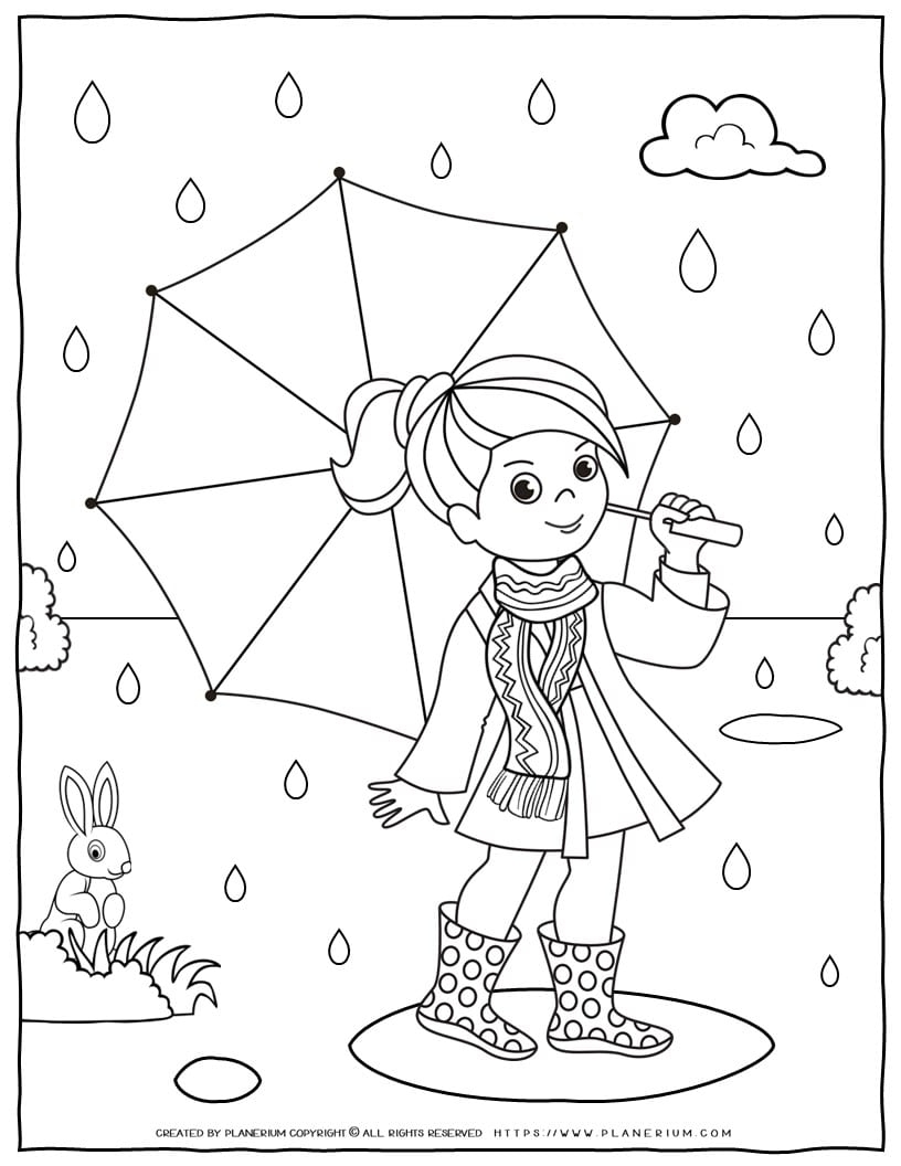 Fun Fall Coloring Page For Kids Girl With Umbrella In Rain