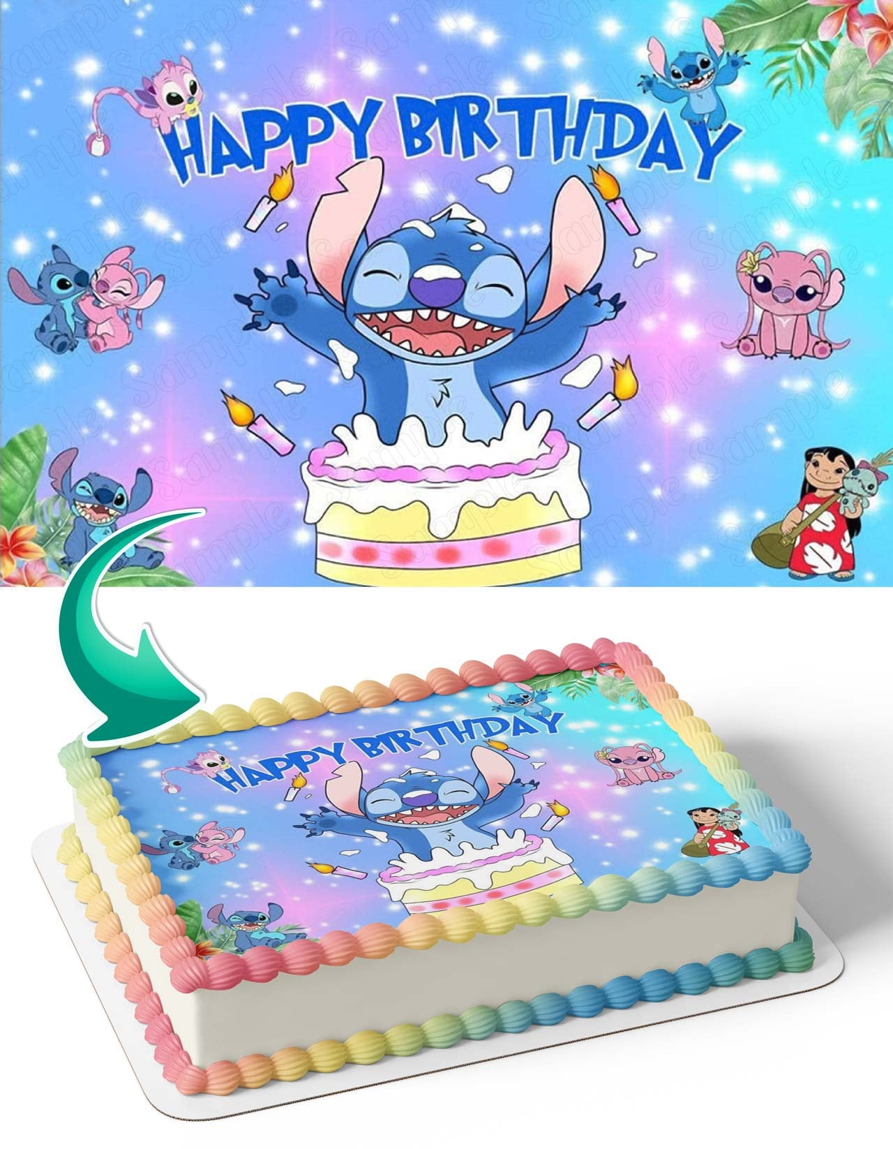 LiloStitch Bakery Edible Cake Topper Personalized Beach Scene Birthday Image 1 4 Sheet Size Walmart