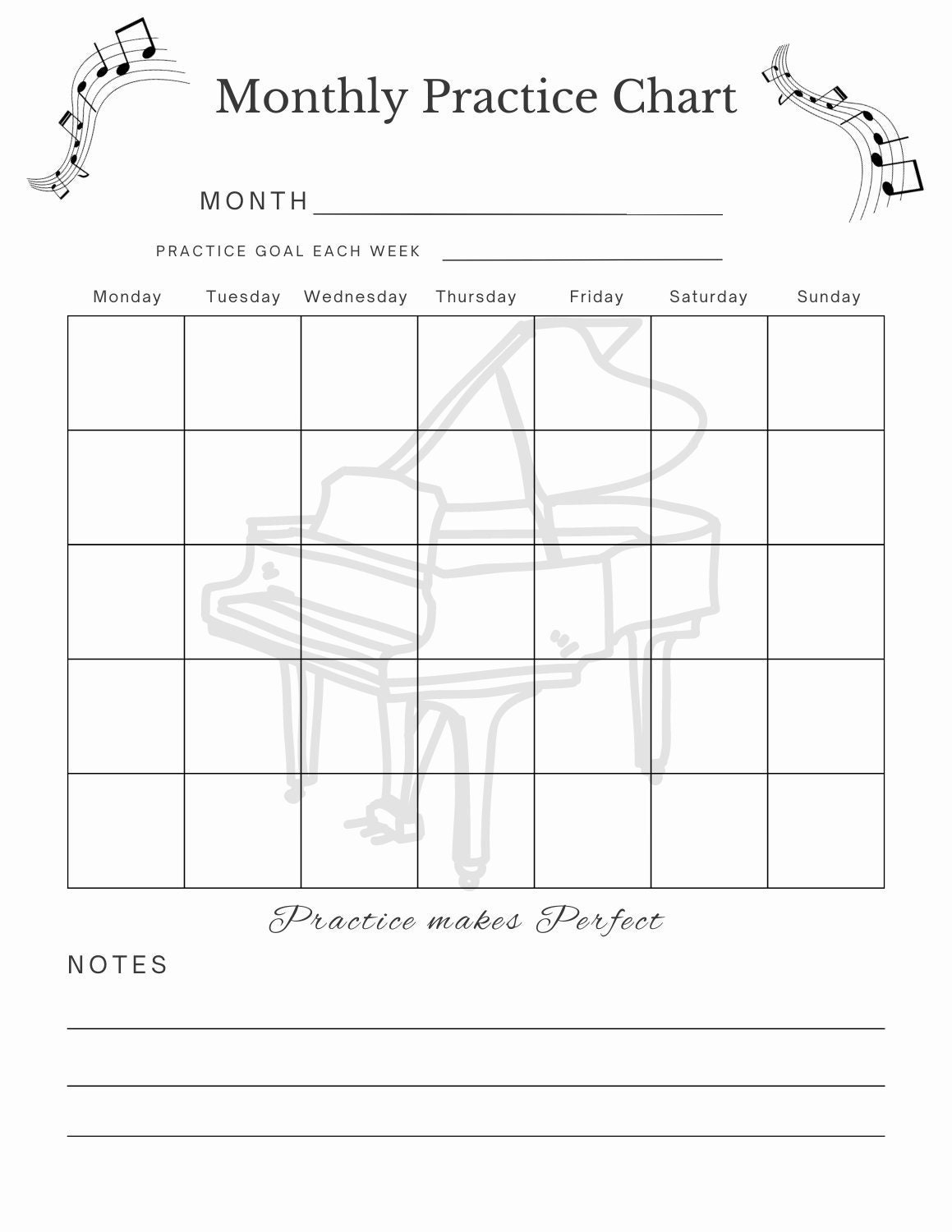 Printable Monthly Music Lesson Piano Practice Chart Student Instrument Log Band Teacher Planner Voice Lesson Instant Digital Download Etsy