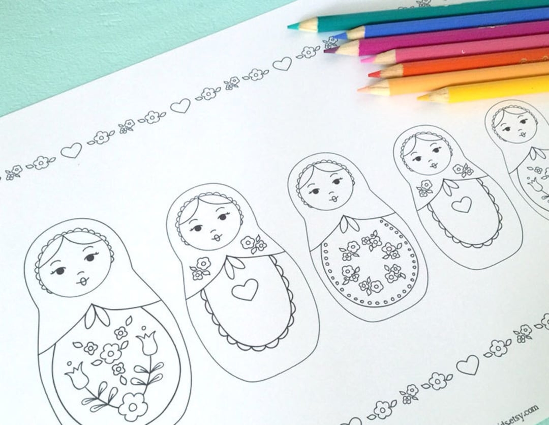 Printable Russian NESTING DOLLS Coloring Page Digital File Instant Download Matryoshka Dolls Folk Art Kitsch Etsy