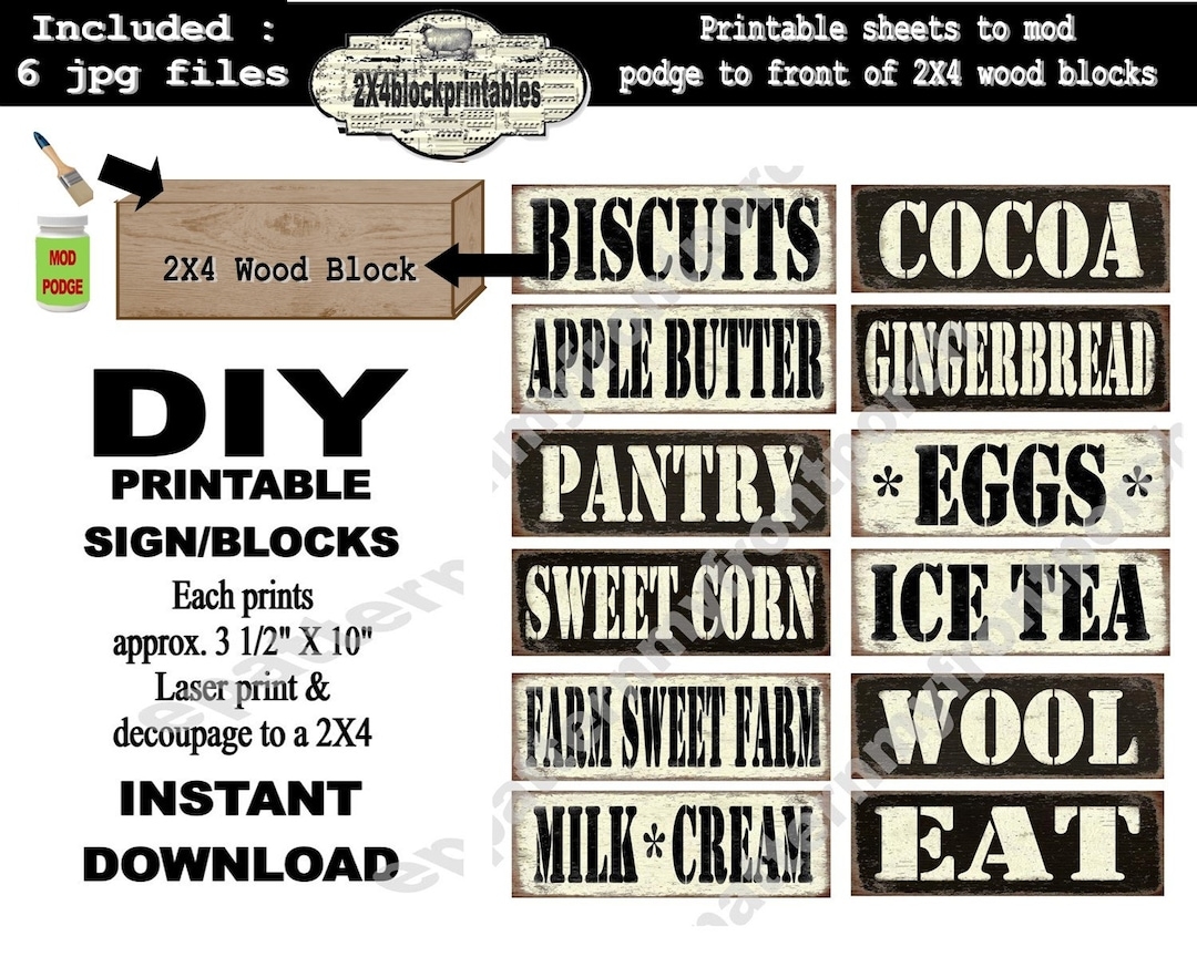 Rustic Farmhouse Blocks Wood Sign 2X4 Crafts Printable Shelf Sitter DIY Gift Decoupage Digital 12 Designs Milk And Cream Etsy