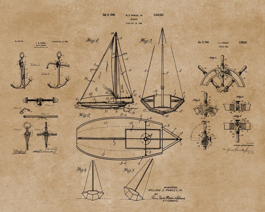 Sailboat Art Downloadable Prints Sailboat Blueprint Poster Patent Print Sailing Art Boat Anchor Ship Steering Beach House Decor Etsy