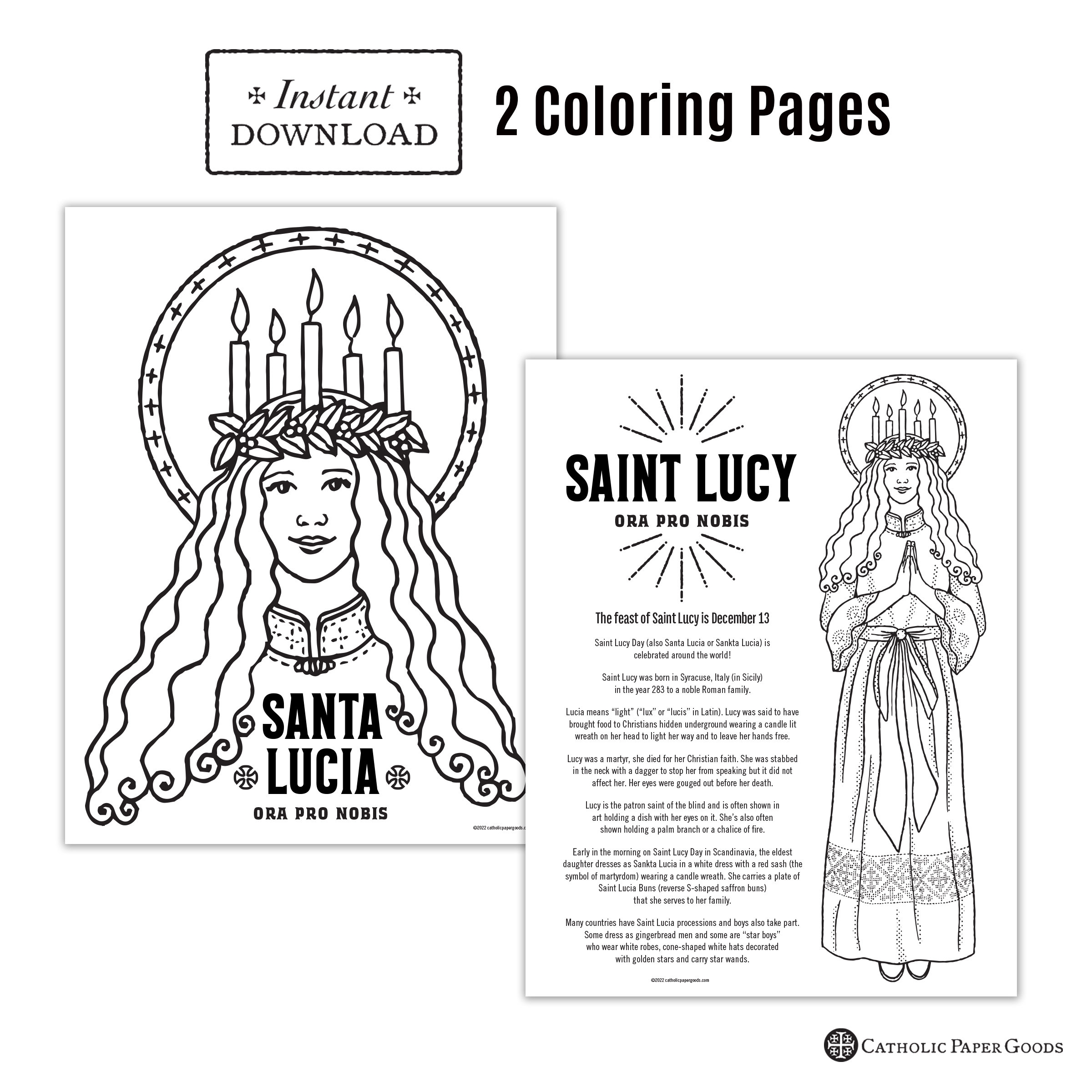 Saint Lucy Day Activity Bundle Catholic Coloring Pages Printable Games Answer Key Printable Candle Wreath Star Boy Hat Santa Lucia Day