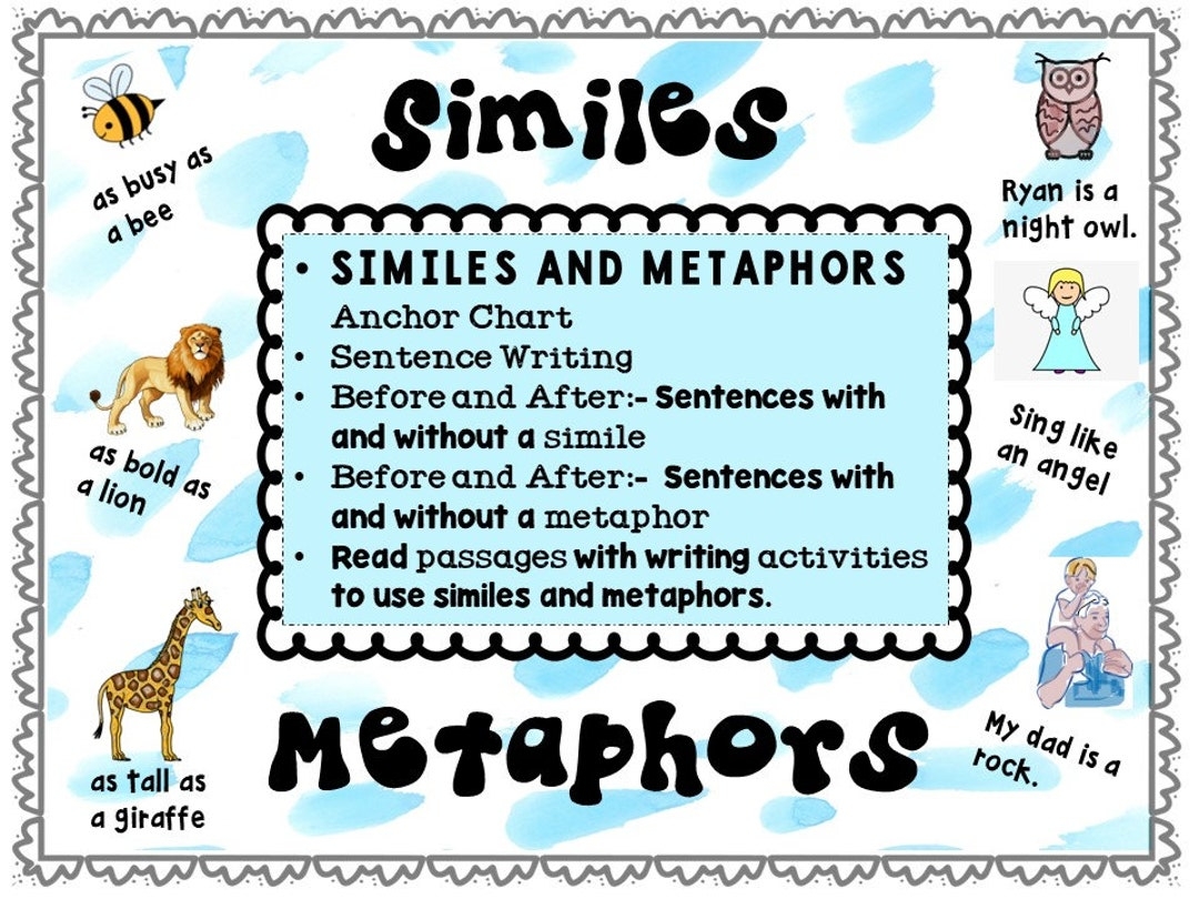 Similes And Metaphors With Illustrations Worksheets drawing Reading Writing Etsy