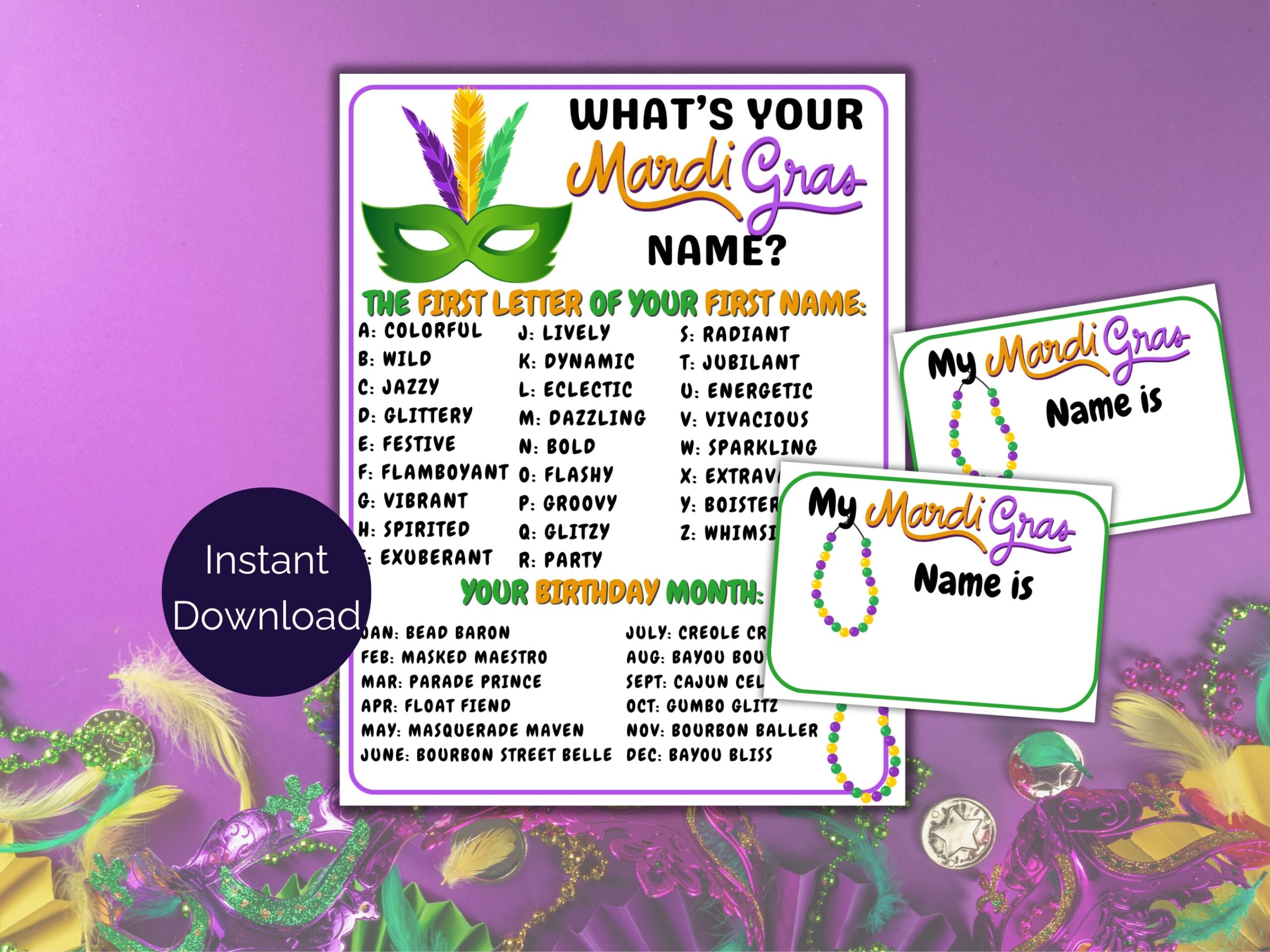 What s Your Mardi Gras Name Game Name Tags Mardi Gras Activity Printable Mardi Gras Game Fat Tuesday Activity For Kids And Adults Etsy