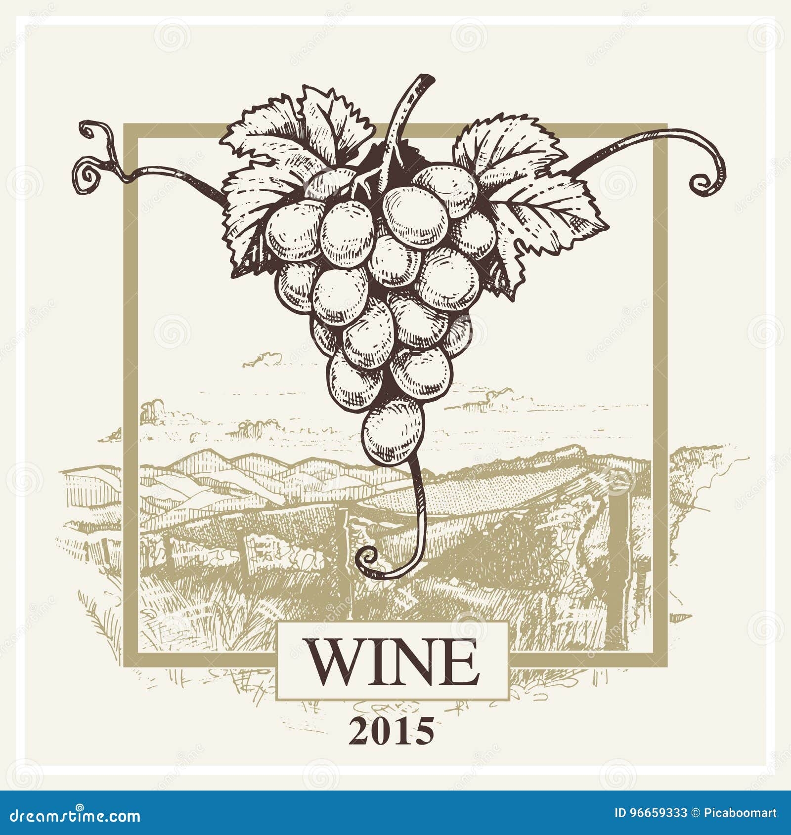 Wine Label Vector Grape And Landscape Logo For Winery Stock Vector Illustration Of Element Drawing 96659333